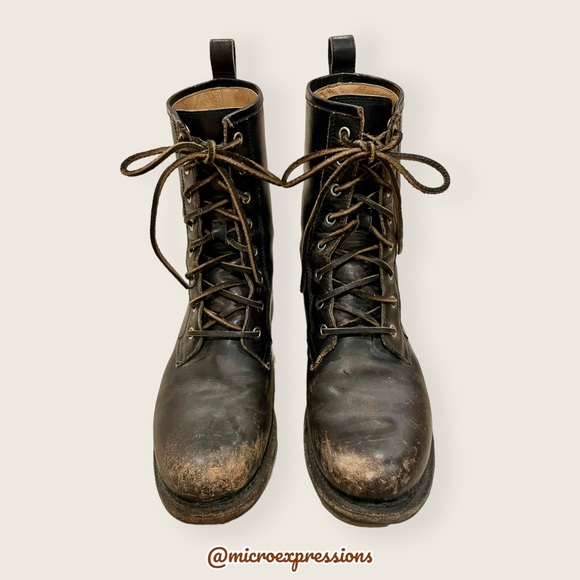 Frye Veronica Combat Distress Black Brown Tumbled Leather Laced Combat AnkleBoot - Picture 11 of 16